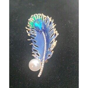 Blue Enamel Leaf W/Blue Rhinestone & Faux Pearl & Small Rhinestones